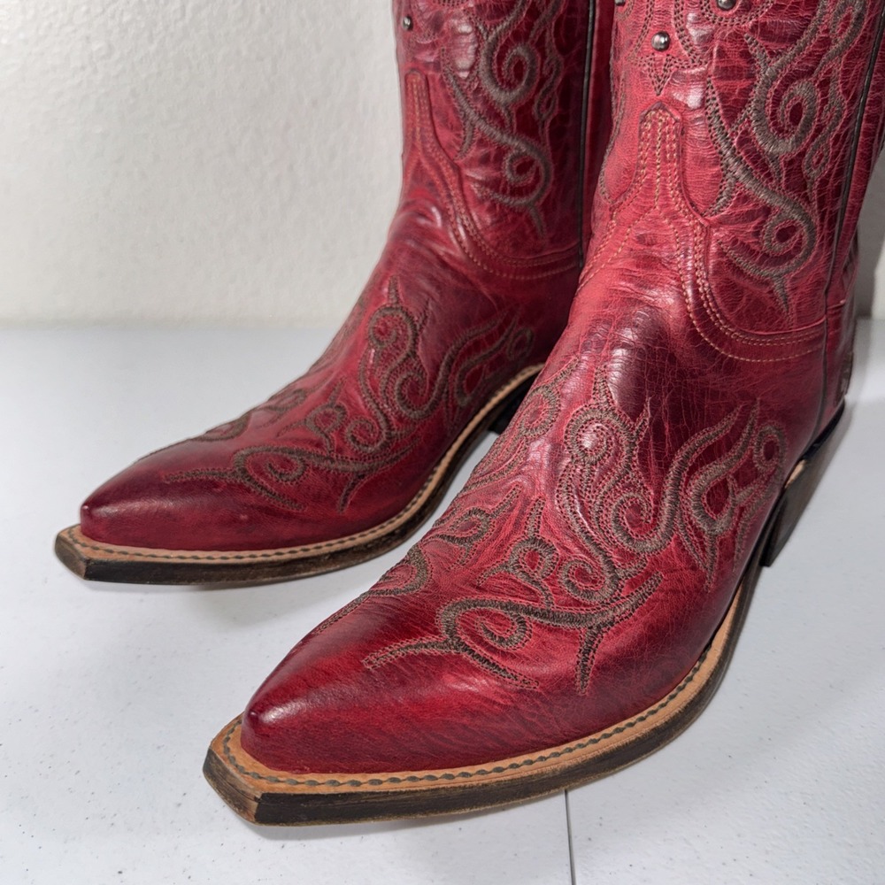 Lucchese Womens Red Burnished Mad Dog Goat Leather Cowboy Boots 8 Studded 🤠 - Picture 8 of 16